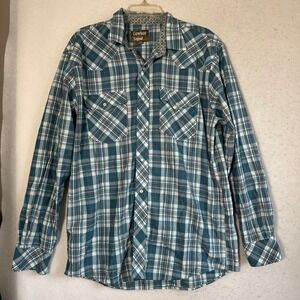 Cowboy Legend Mens XL Western Plaid Pearl Snap Shirt Teal White Long Sleeve